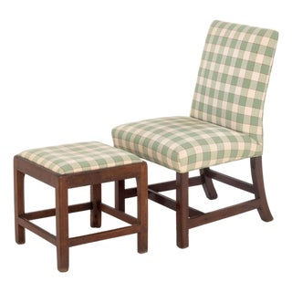 Sage Green and Off-White Checkerboard Linen Upholstered Wood Slipper Chair and Ottoman For Sale