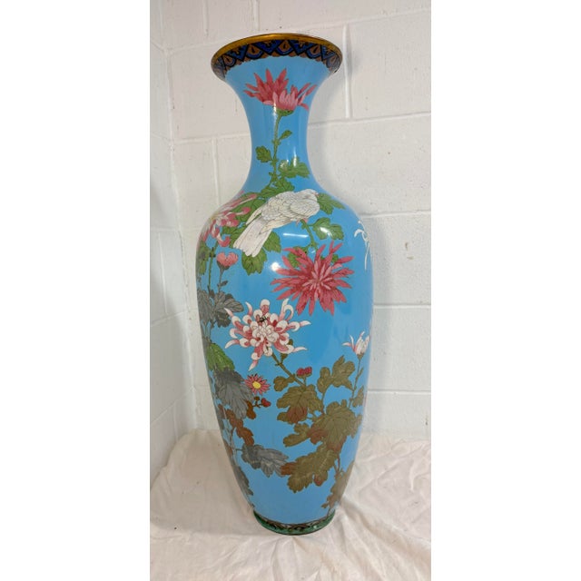 Japanese Huge Antique 19th Century Japanese Meiji Cloisonne Enamel Baby Blue Palace Vase For Sale - Image 3 of 17