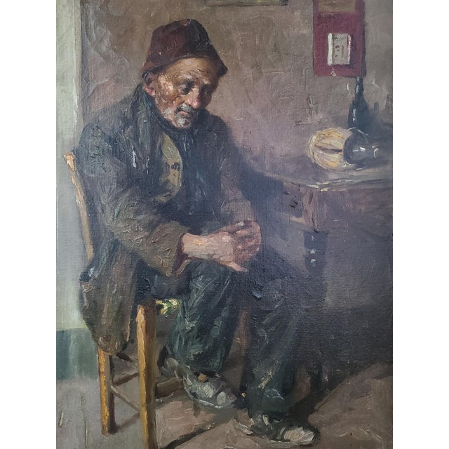 Original oil painting by Edwardo Scognamiglio of a seated Italian man with an empty wine bottle. The medium is oil on...