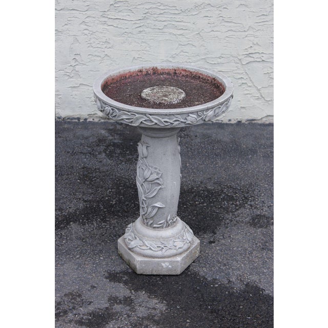 High Quality American Made Cast Stone Bird Bath With Raised Floral And Leaf Motif. Features A Circular Basin Resting On A...