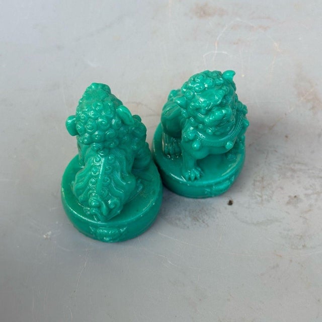 Asian Turquoise Green Foo Dogs - Pair of Mini Guardian Lion Statues For Sale - Image 3 of 8