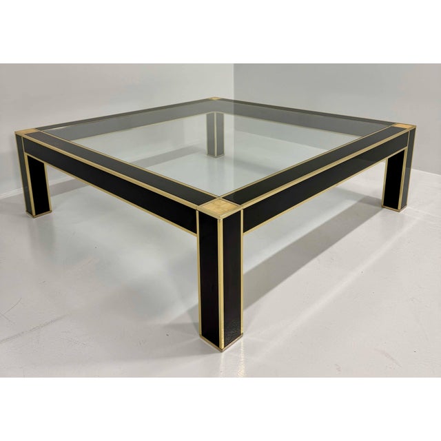 1970s Square Coffee Table in Black Lacquer, Brass and Glass attributed to Pierre Cardin, France, 1970s For Sale - Image 5 of 10