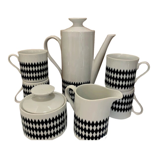 Vintage Bristol MCM Black Diamond Fine China 7 Pc Coffee/Tea Set For Sale