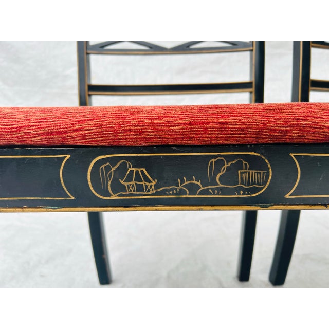 50's Regency Style Painted Black Chinoiserie Set of 2 Chairs For Sale - Image 10 of 12