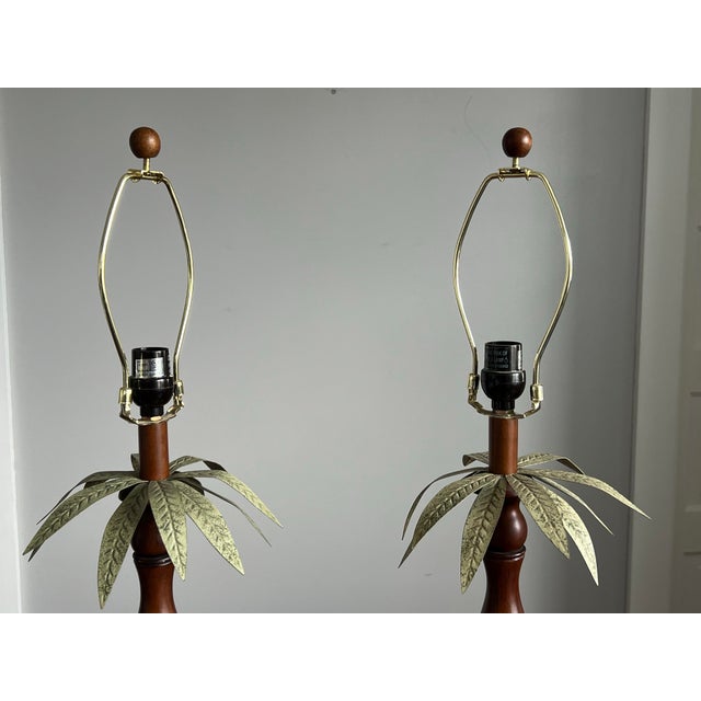 Vintage Hollywood Regency Faux Bamboo English Mahogany Palm Lamps For Sale - Image 12 of 12