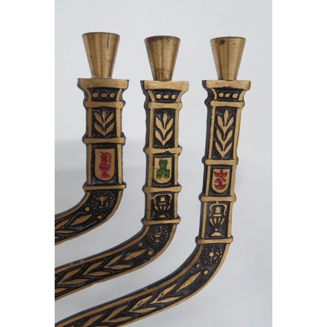 Jerusalem Seven Branch Brass Menorah Enamel Shields 12 Tribes of Israel 4504b For Sale - Image 12 of 14