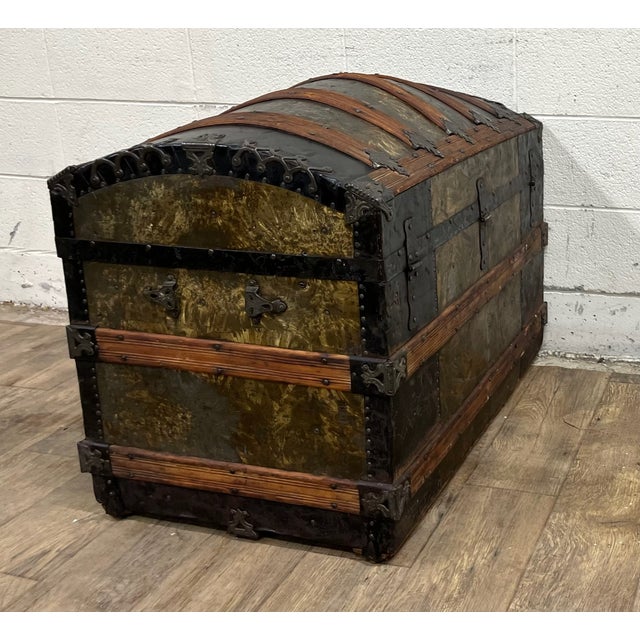 Antique Camel Back Steamer Trunk Chest For Sale - Image 10 of 11