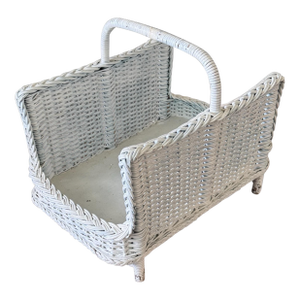 Mid 20th Century Vintage White Painted Wicker Magazine Holder Basket