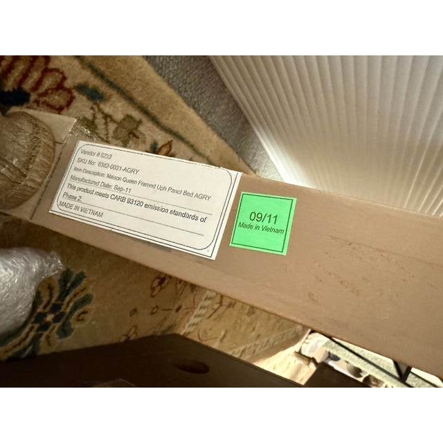 Queen Size Restoration Hardware Maison Fabric Panel Bed Frame, Antique Oak Finish For Sale - Image 10 of 12