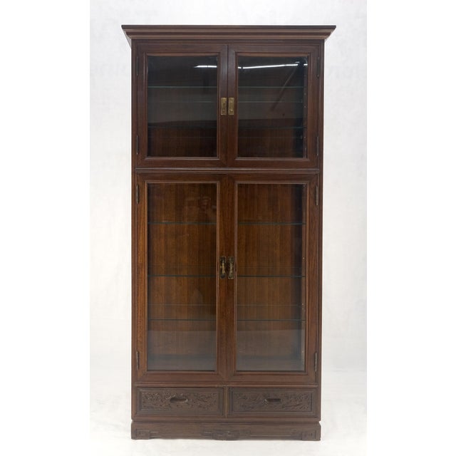 4 Doors Carved Teak 5 Shelves 2 Bottom Drawers 72" Tall Curio Cabinet Showcase For Sale - Image 14 of 14