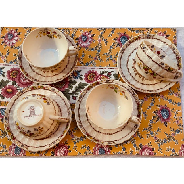 1930s Spode Cowslip Basketweave Brown and Cream Ceramic Teacups and Saucers, Set of 4 For Sale - Image 10 of 18