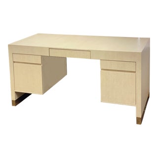 1980s Harrison Van Horn Natural Grasscloth Tanker Pedestal Desk For Sale