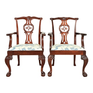 Baker Furniture Chippendale Carved Mahogany Armchairs or Dining Captain Chairs, Pair For Sale