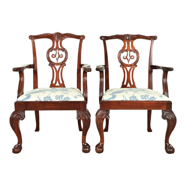 Baker Furniture Chippendale Carved Mahogany Armchairs or Dining Captain Chairs, Pair For Sale