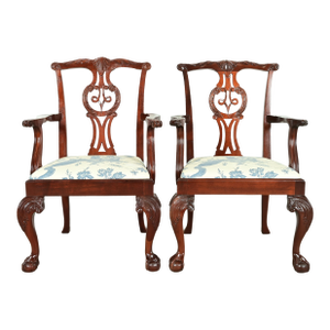 Baker Furniture Chippendale Carved Mahogany Armchairs or Dining Captain Chairs, Pair