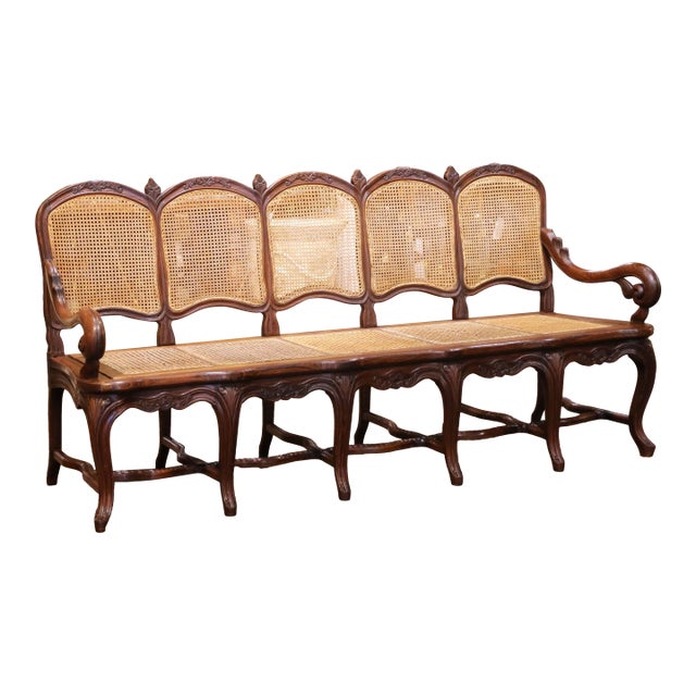 19th Century French Louis XV Carved Oak Five-Seat Caned Settee For Sale