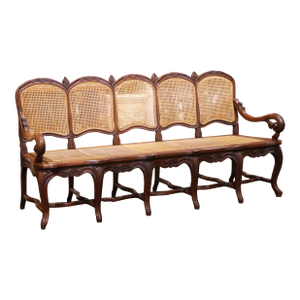 19th Century French Louis XV Carved Oak Five-Seat Caned Settee