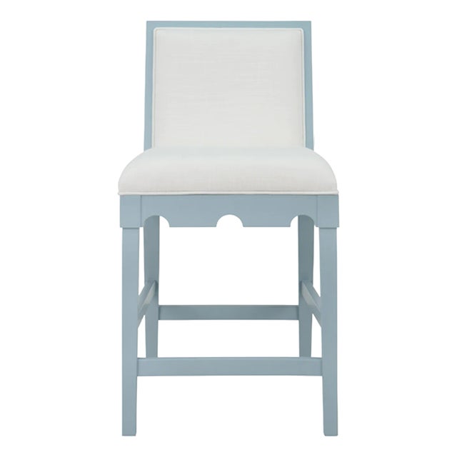 Matthew Izzo Home - Lanister Light Blue Matte Lacquer Square Back Counter Stool With White Peformance Linen Back and Seat For Sale