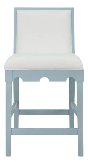 Matthew Izzo Home Lanister Light Blue Matte Lacquer Square Back Counter Stool With White Peformance Linen Back and Seat