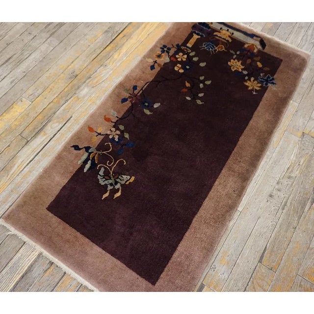 1920s Chinese Art Deco Carpet 2' x 4' 1920s Floral Purple / Lavender Mauve Antique Rectangle Hand Knotted Pile Wool Rug,...