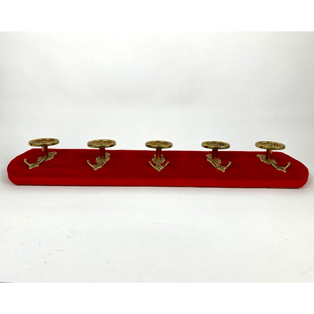 A great vintage wall hanging coat rack with red velvet and bronze hooks from France, 1970s. The set includes a coat rack...