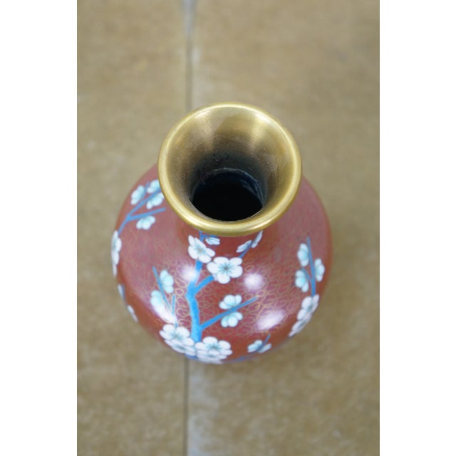 Late 20th Century Vintage Chinese Brass Cloisonne Enamel Cherry Blossom Bud Vase Urn 6" For Sale - Image 5 of 12