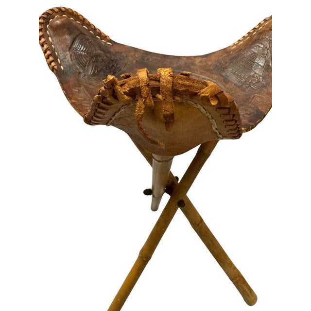 Burnt Umber Vintage 1960s Mexican Brown Leather Tripod Folding Stool For Sale - Image 8 of 8