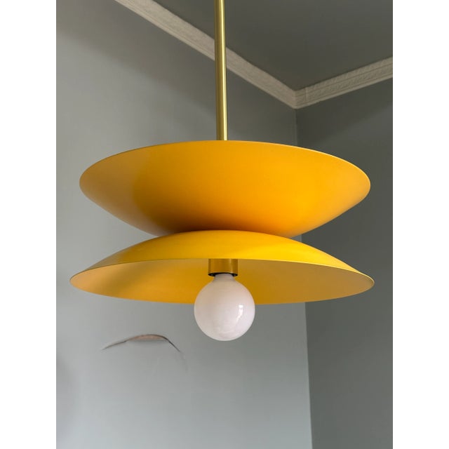 Modern Modern Handcrafted Brass and Mustard Yellow Metal Pendant Light Fixture For Sale - Image 3 of 8
