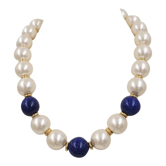 Vintage Circa 1992 Signed Napier Mabe Faux-Pearl & Lapis Necklace For Sale