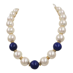 Vintage Circa 1992 Signed Napier Mabe Faux-Pearl & Lapis Necklace