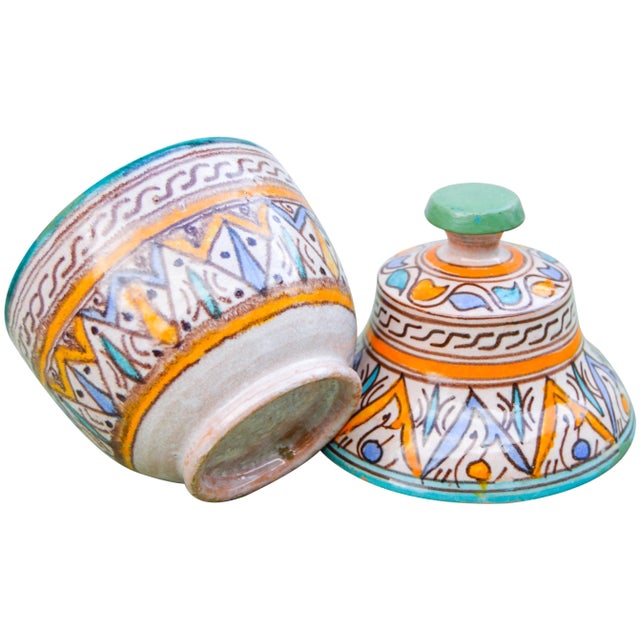 Orange Moroccan Ceramic Lidded Bowl For Sale - Image 8 of 9