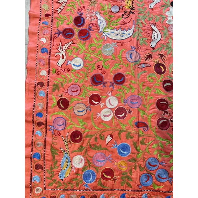Mid-Century Modern Coral Silk Suzani Wall Decor With White Cranes For Sale - Image 3 of 9