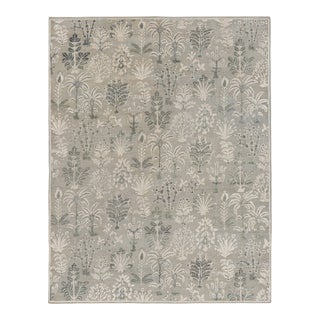 Rug & Kilim’s Modern Block Print Rug in Silver-Gray & Teal with Floral Patterns - 10x14 For Sale