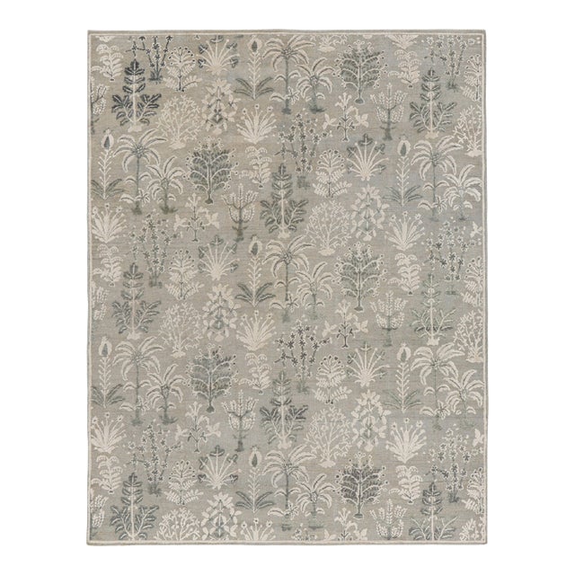 Rug & Kilim’s Modern Block Print Rug in Silver-Gray & Teal with Floral Patterns - 10x14 For Sale