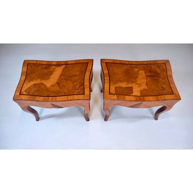 Chestnut Italian Parquetry Inlaid Olive Burl Wood Side Tables Louis XV Style For Sale - Image 8 of 13