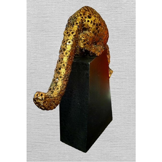 Mid-Century Modern 1990s Large Scale Geometric Metal Gold Patina Pouncing Leopard Sculpture on Black Plinth For Sale - Image 3 of 9
