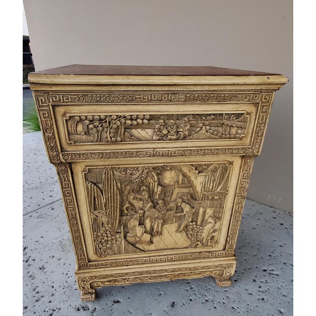 Wood 1920s Antique Chinese Wooden Bedside Cabinet With Carved Chinese Scenery For Sale - Image 7 of 12