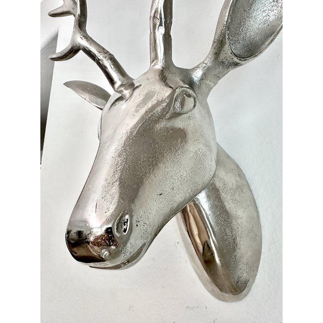 Large Modernist Cast Polished Metal Deer Antler Head Wall Sculpture For Sale - Image 12 of 15