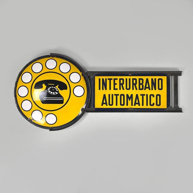 Italian mid-century modern yellow white black telephone metal sign, 1960s Double-sided sign in yellow, black and white...