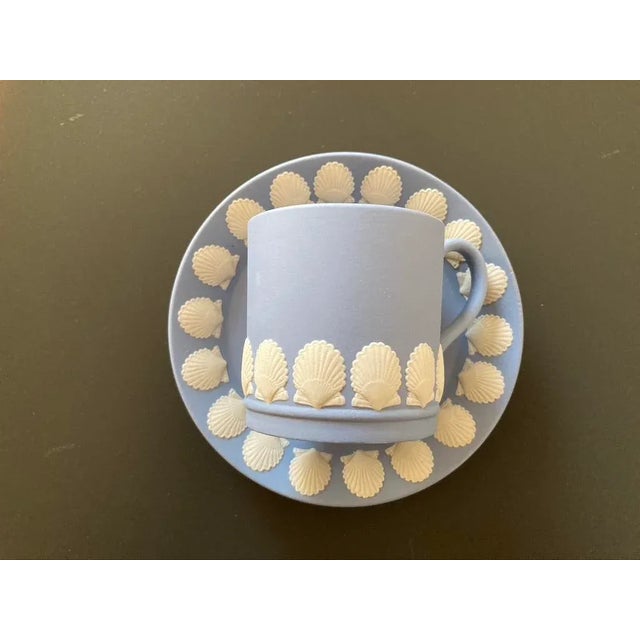 English Antique English Wedgwood Jasperware Blue and White Coffee Espresso Tea Cup and Saucer in Scalloped Sea Shell Design For Sale - Image 3 of 12