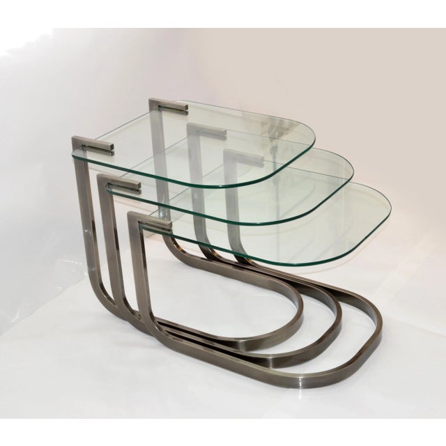 Mid-Century Modern Design Institute of America 'Dia' Three Vintage Glass & Steel Nesting Tables For Sale - Image 3 of 13