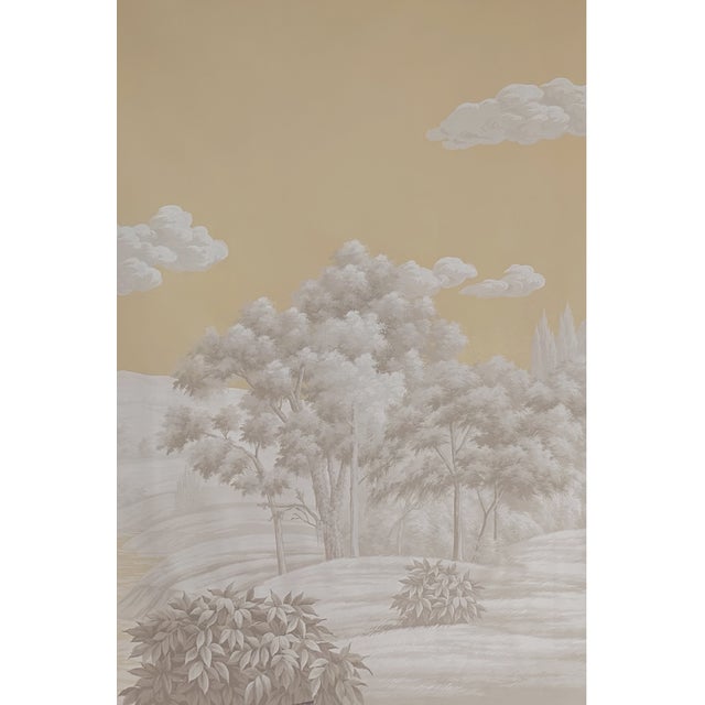 36" * H96" * 3ps,‌ Hand-Painted Retro Warm Gold Wilderness Landscape Wall Mural, Vintage Chinoiserie Monochrome Golden Tone Landscape Wall Cloth For Sale - Image 4 of 6