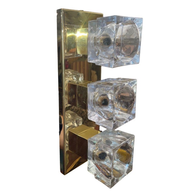Metal 1960s Italian Sciolari Murano Glass Cubes & Brass Sconces - Set of Six For Sale - Image 7 of 7