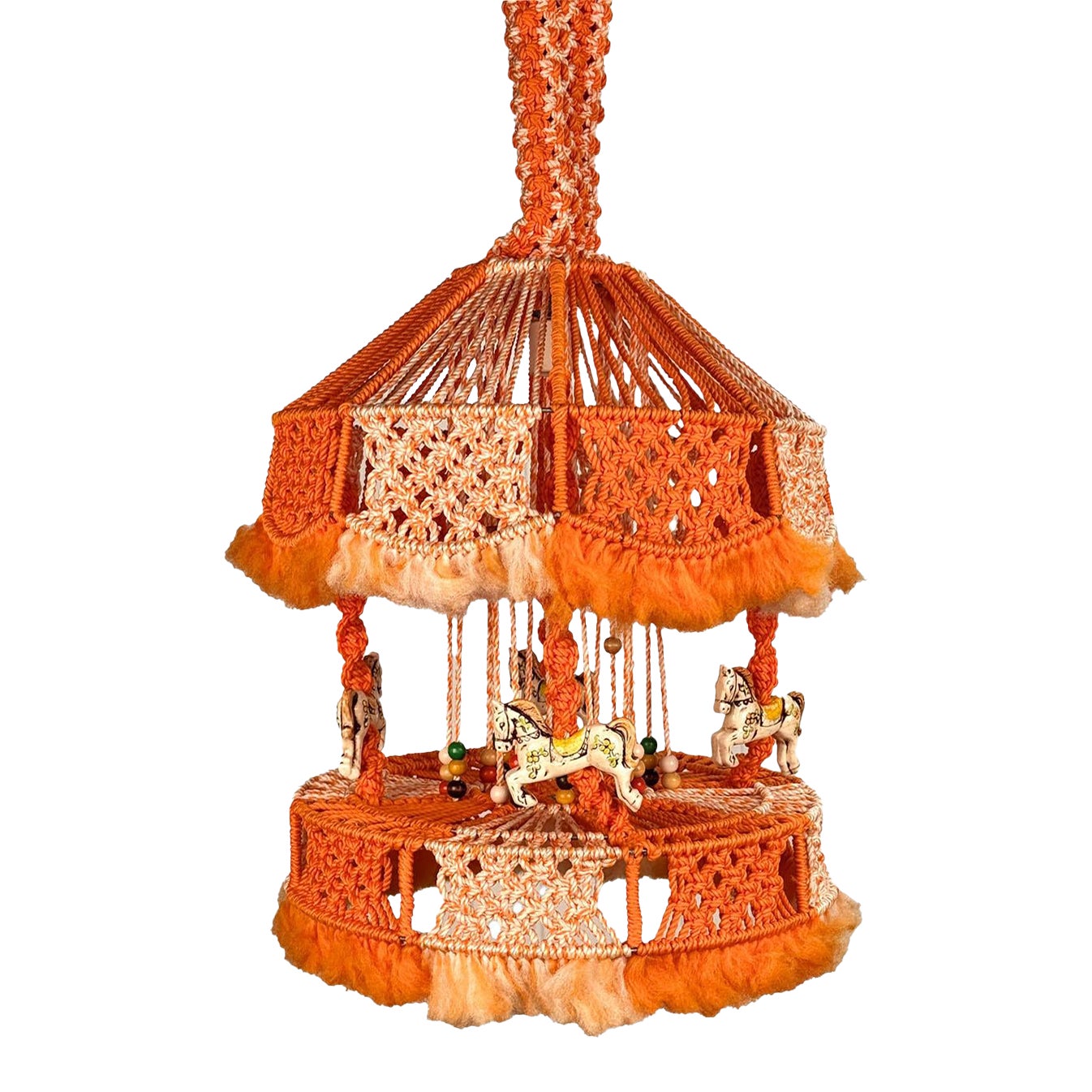 Vintage Boho Spanish Macrame Orange & White Carousel Horse Hanging ...