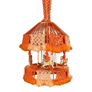 Vintage Boho Spanish Macrame Orange & White Carousel Horse Hanging Light