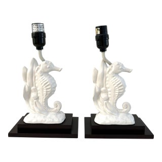 Coastal White Ceramic Seahorse Lamps, a Pair For Sale