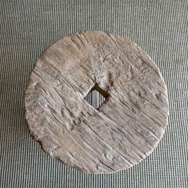 Brown Vintage Elm Wood Wheel Side Table #F75 For Sale - Image 8 of 8