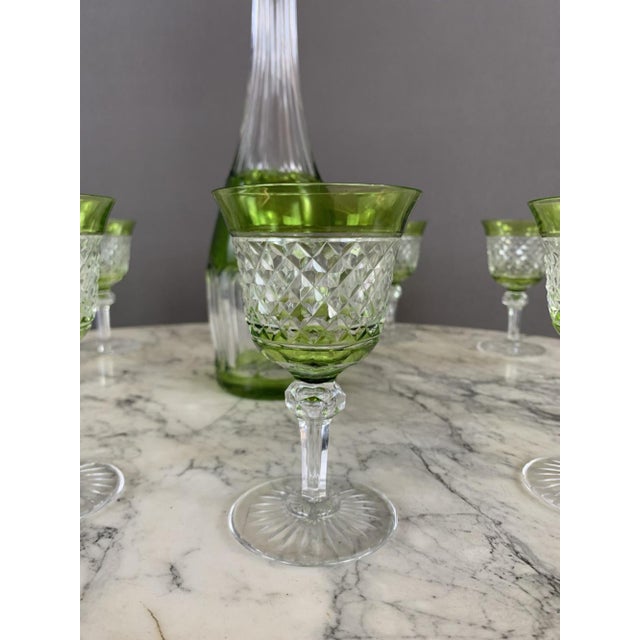 Green Crystal Liquor Glasses and Decanter, 20th Century, Set of 12 For Sale - Image 8 of 9