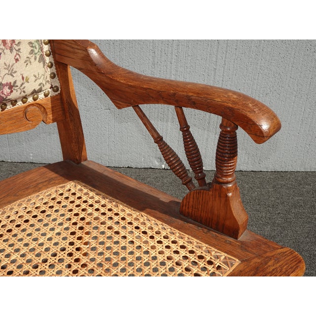 Vintage Oak Cane French Country Arm Chair W Tapestry Backrest Fabric For Sale - Image 11 of 12