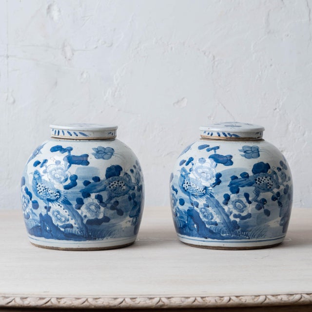 Ceramic Pair of Chinese Blue and White Porcelain Bird and Peony Jars, 20th Century For Sale - Image 7 of 10